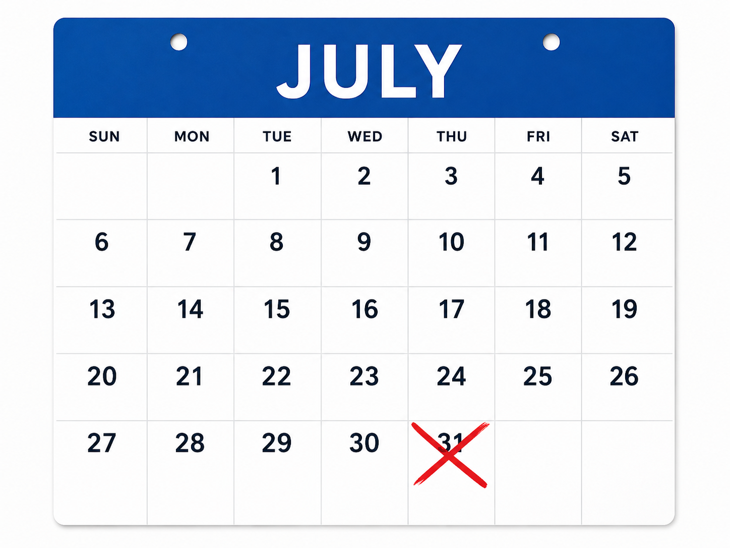 A calendar marked at 31 July — the book's self-imposed launch date
