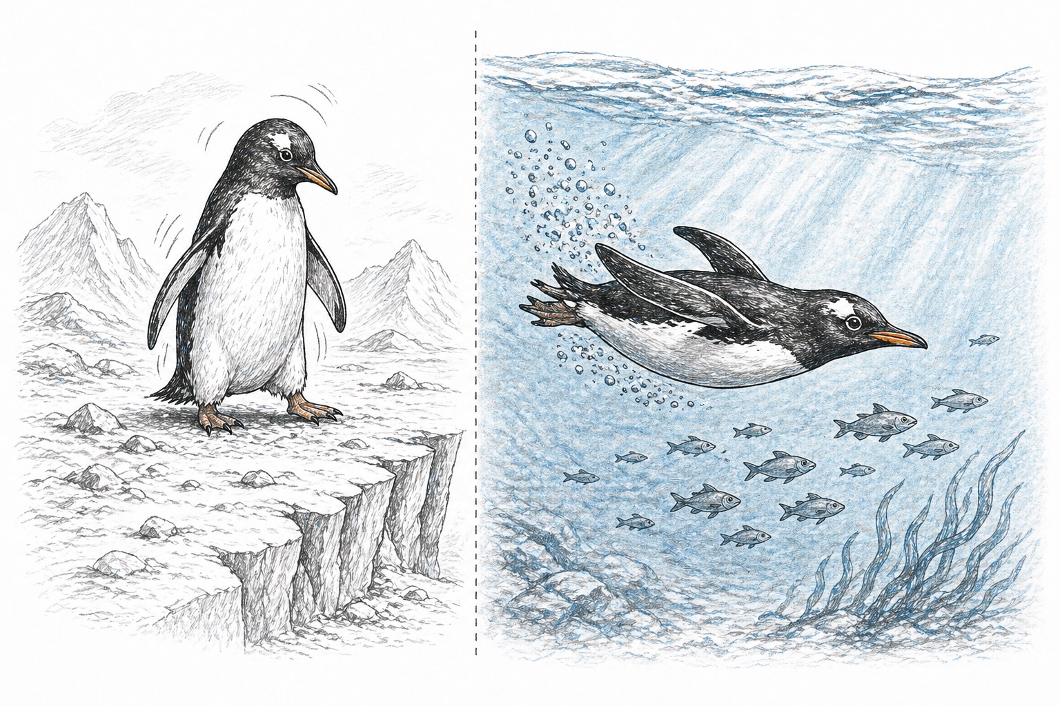 A penguin flying underwater — artwork from the book