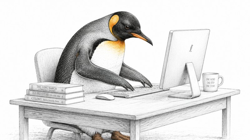 A penguin at a desk, working at a computer surrounded by books