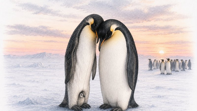 Two emperor penguins with their chick