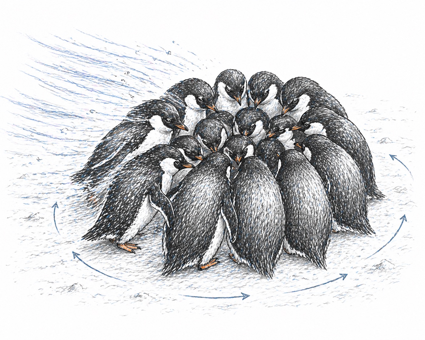 Two Emperor penguins close together on the ice — artwork from the book