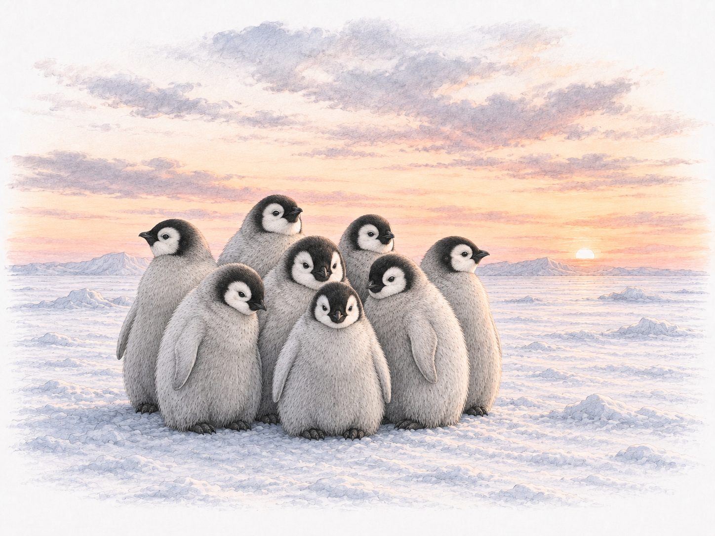 Eight grey Emperor penguin chicks pressed together on the sea ice, the low sun on the horizon behind them