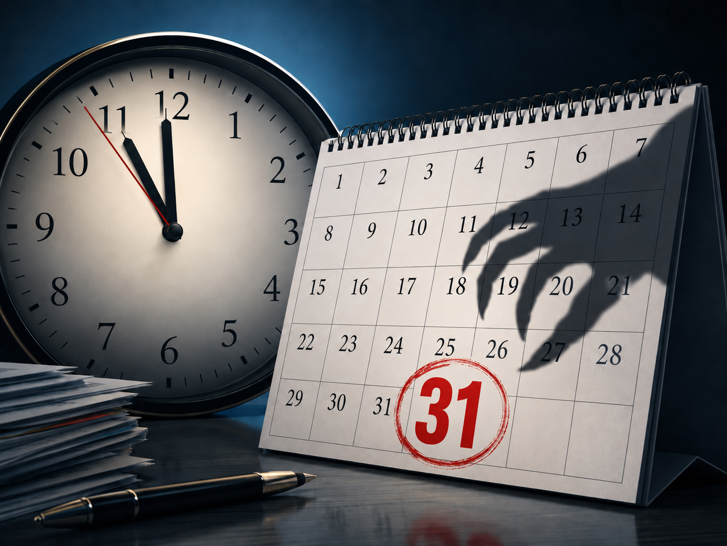 A clock and calendar motif — artwork evoking the book's deadline