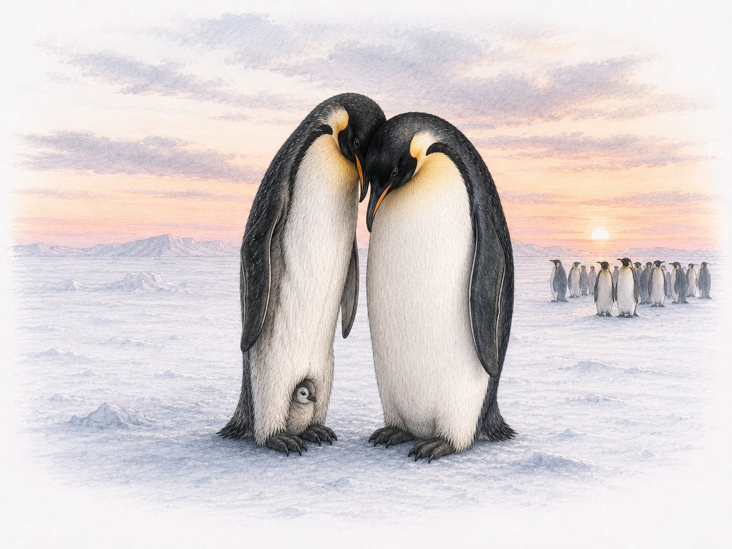 Two adult Emperor penguins standing close with heads bowed together, a small grey chick sheltered between their feet, colony and sunset behind