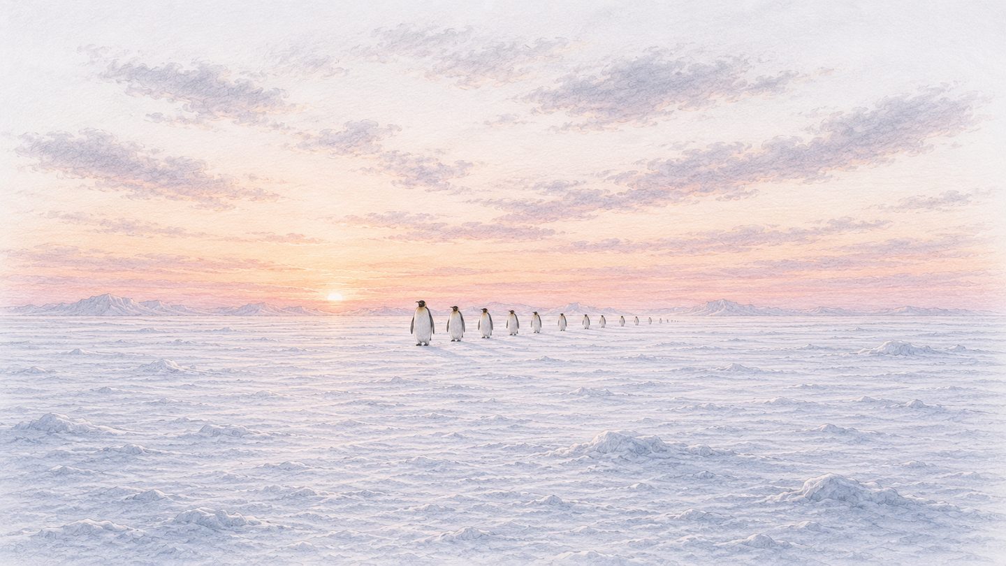 Emperor penguins walking back across the sea ice at dawn — Emma's return