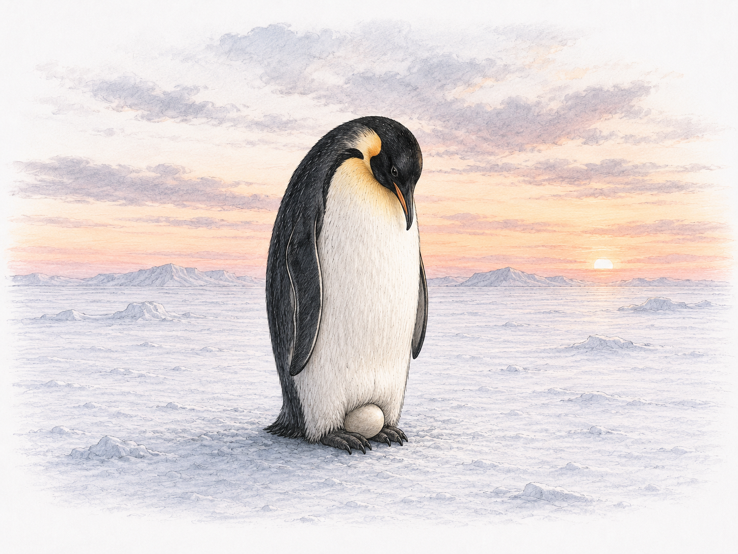 A male Emperor penguin balancing an egg on his feet under the brood pouch