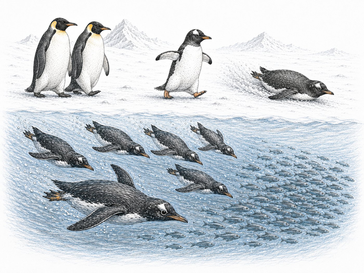 Four groups of penguins moving in four different ways
