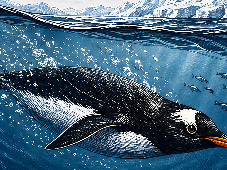 A penguin flying underwater — from the new cover artwork