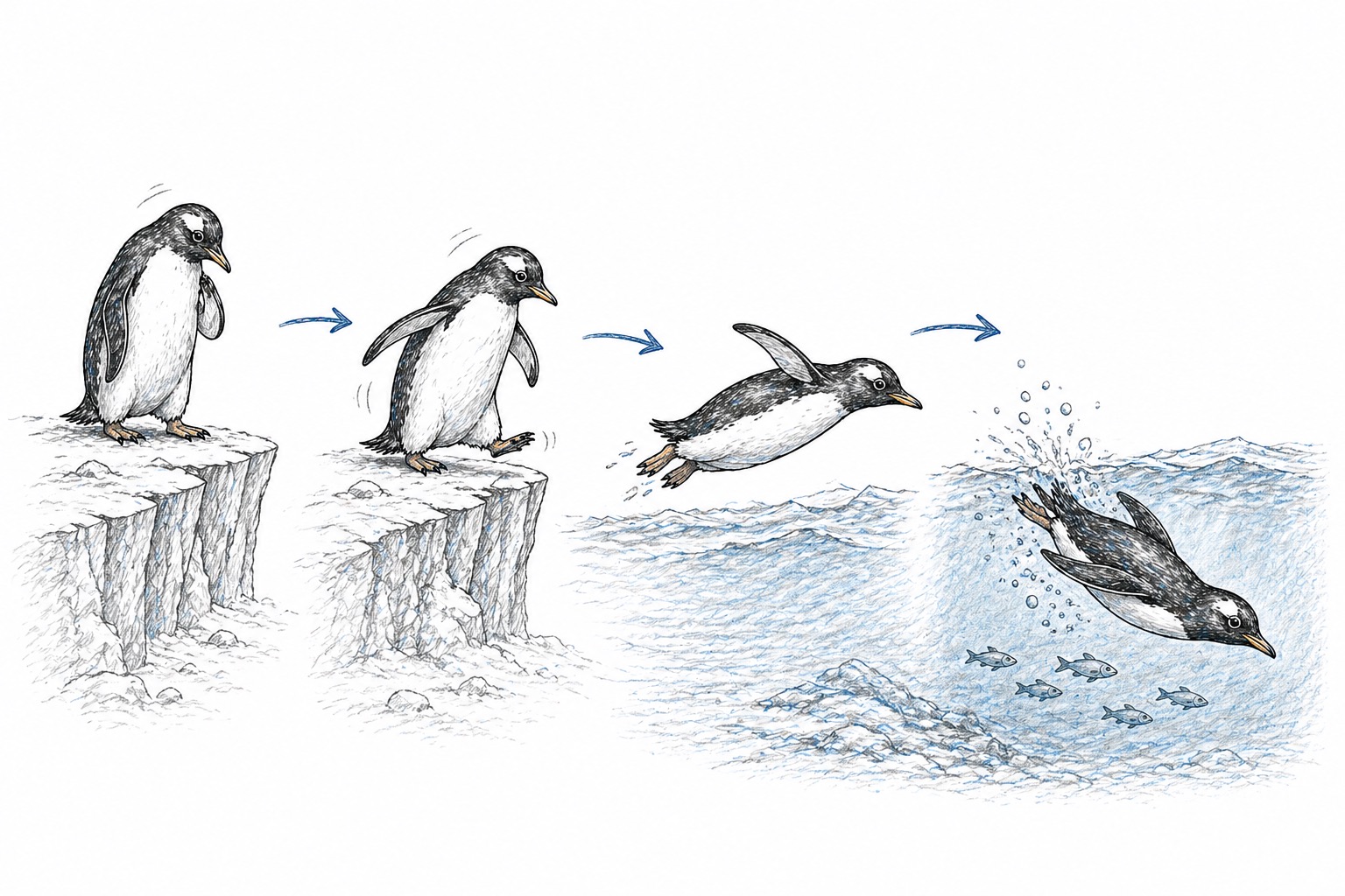 A penguin leaping from the ice
