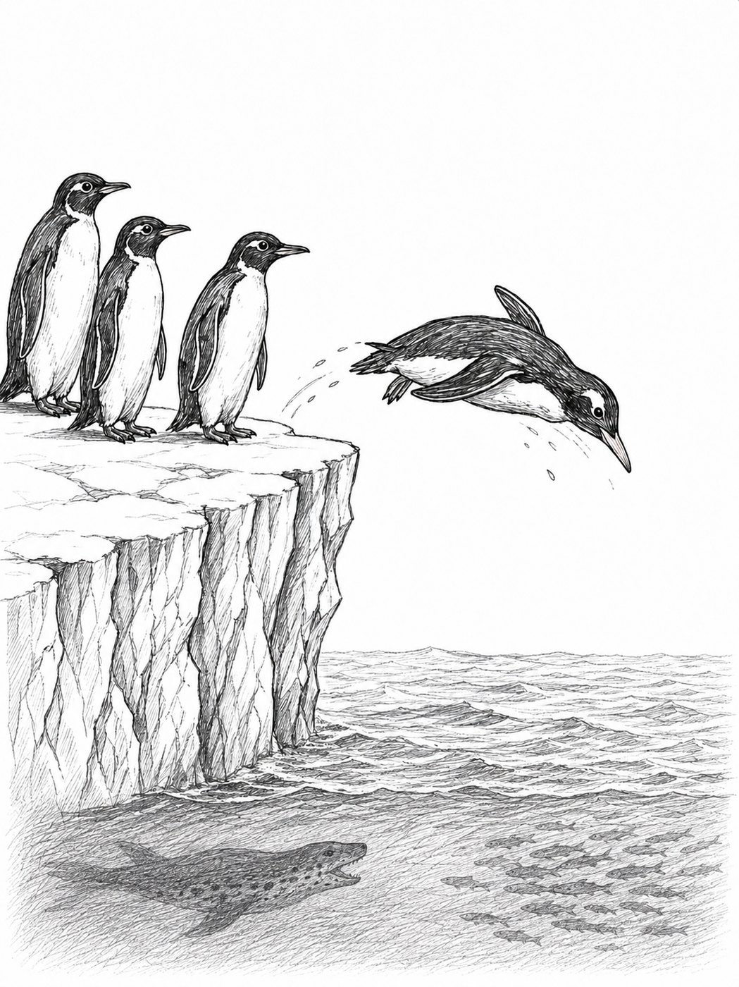 Penguins at a cliff edge, one leaping into the sea