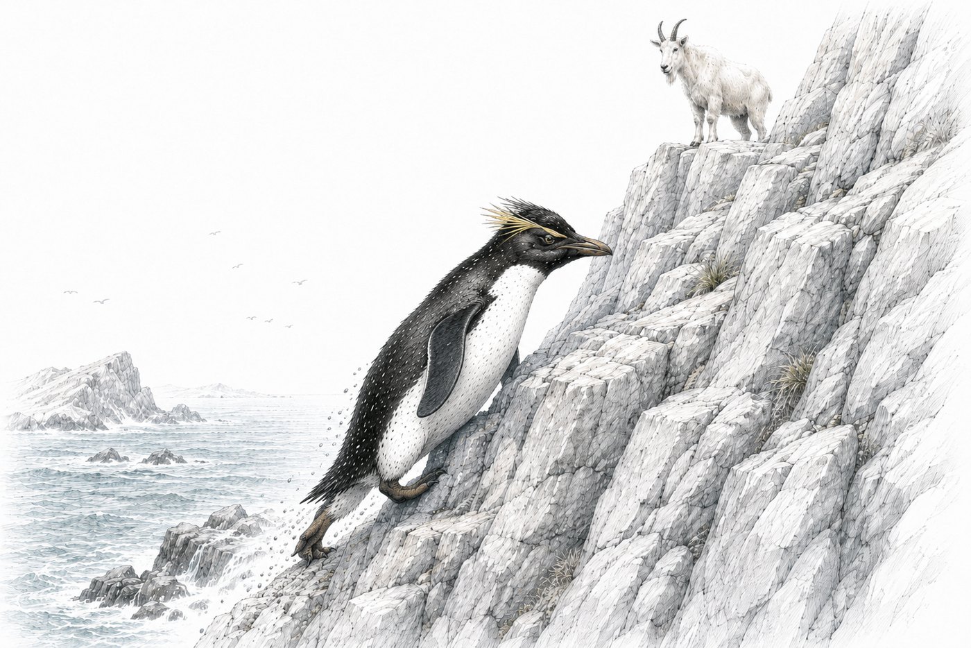 A rockhopper penguin climbing a steep cliff while a goat watches from above