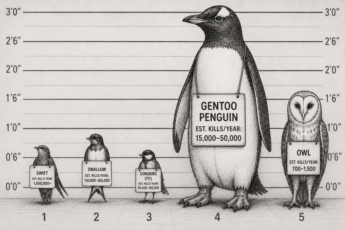 Five hunting birds compared in a line-up by annual kill count