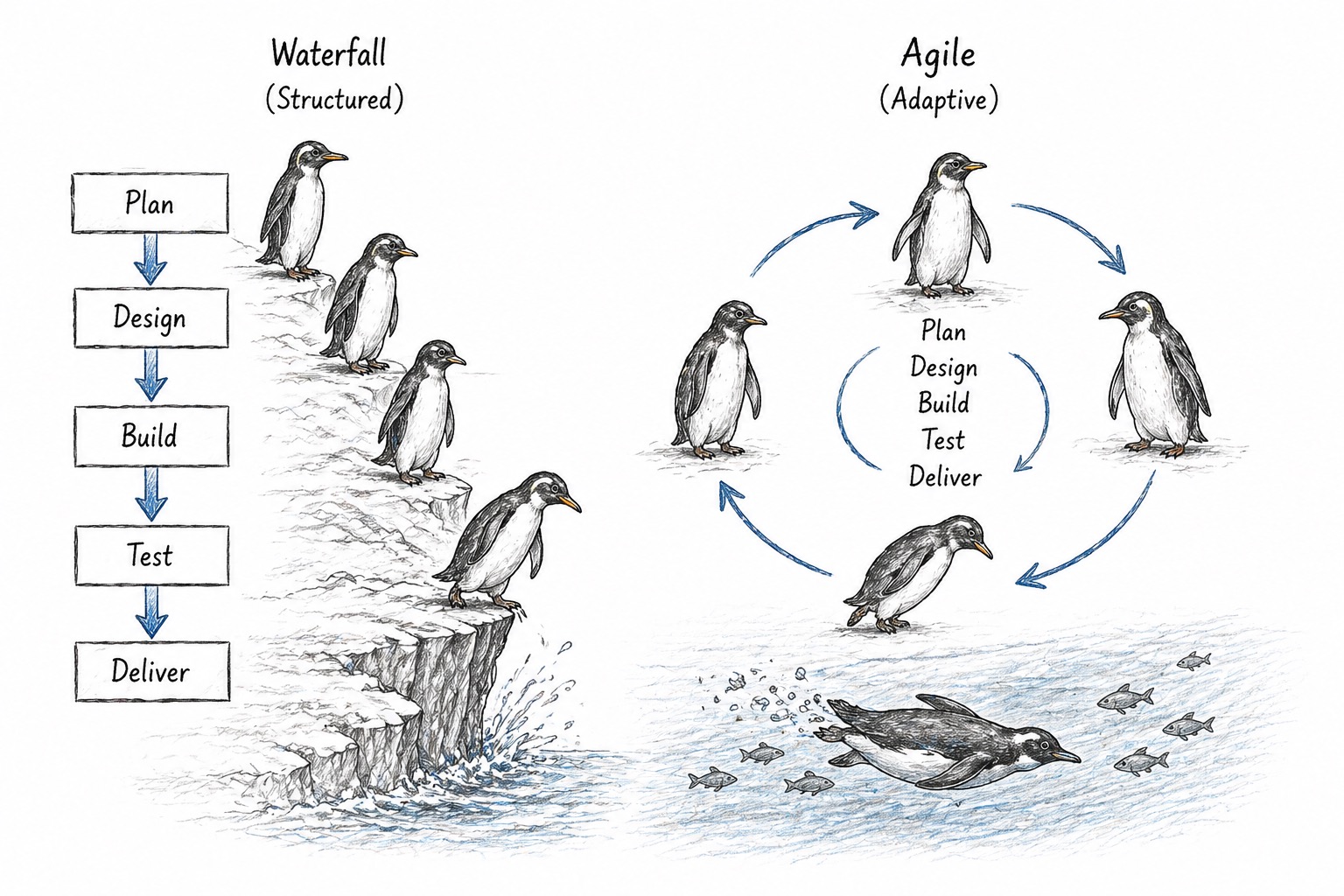 Waterfall and Agile illustrated with penguins